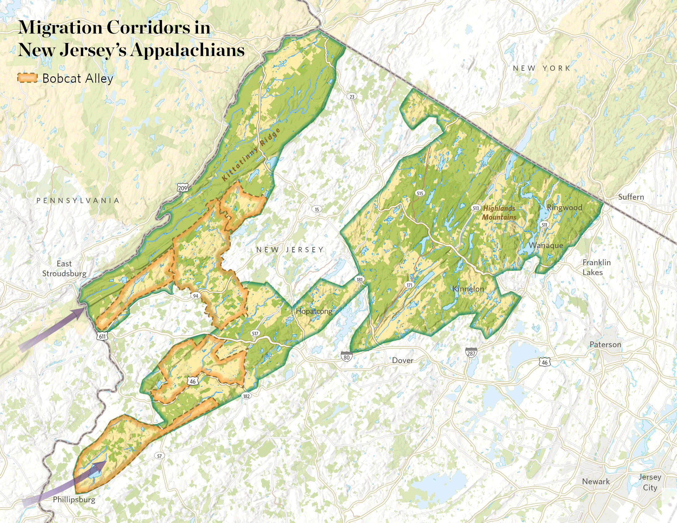 Animated gif showing migration routes in New Jersey Appalachians.