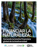Photo of waterfall and trees with title of report in Spanish