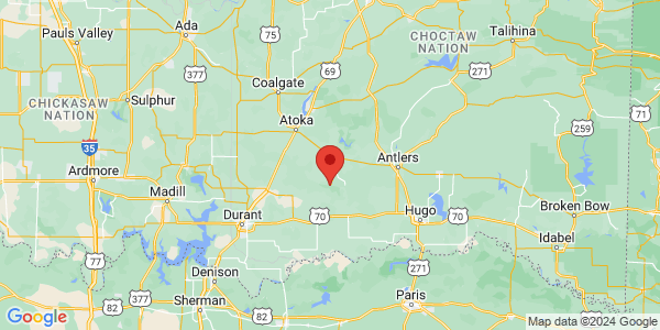 Map with marker: Located near Atoka county, Oklahoma