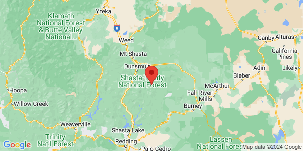 Map with marker: Located near the top of California, north of the Sierra Nevada and at the southern end of the Cascade Range.