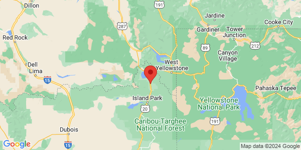 Map with marker: Located near Henrys Lake and West Yellowstone